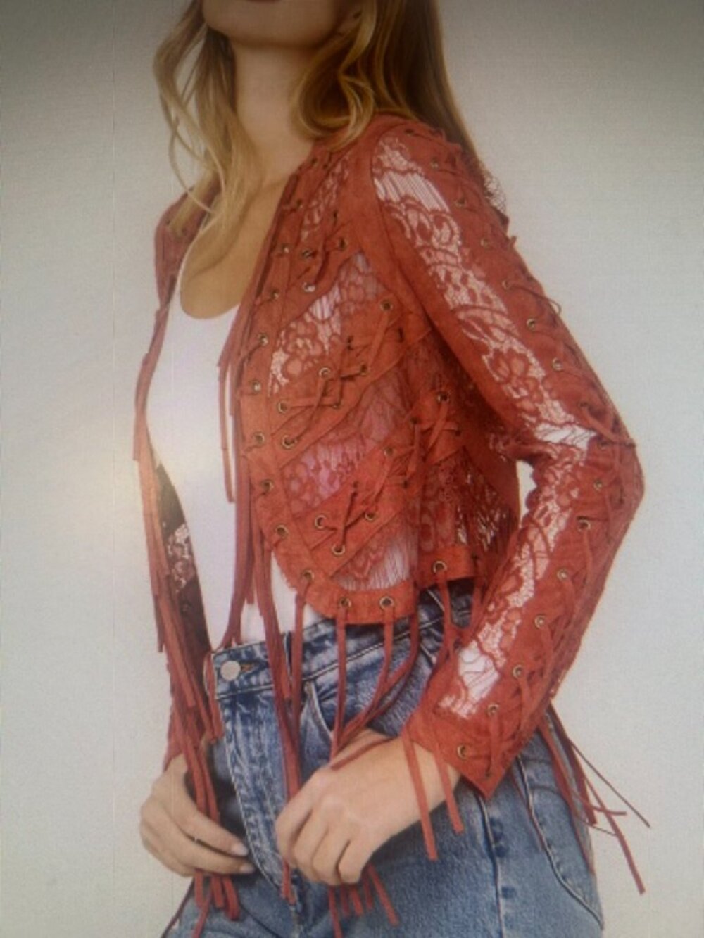 Vocal Women's Red Brick Suede Lace Stitching Fringe Open Tassel Jacket NEW - Picture 6 of 16